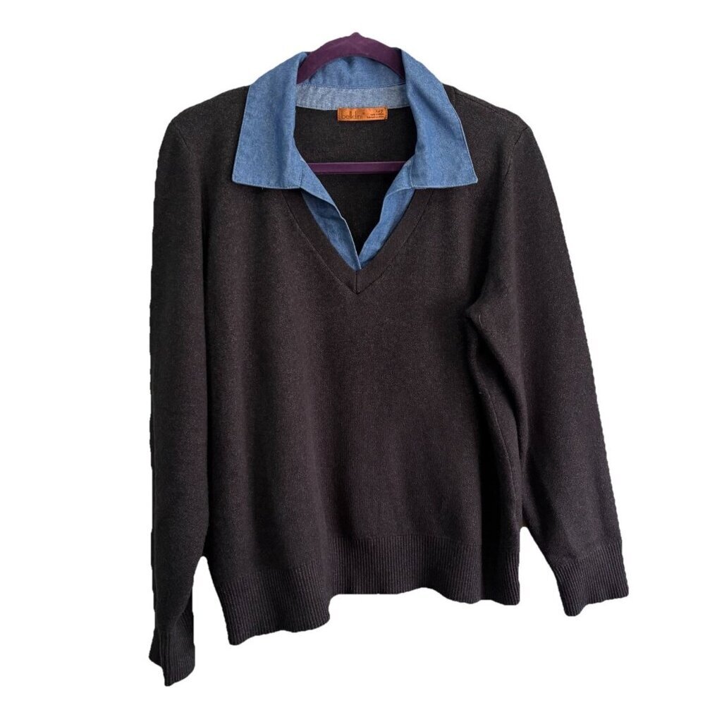 Belldini Layered Collared Sweater Gray Denim Detail Size Large